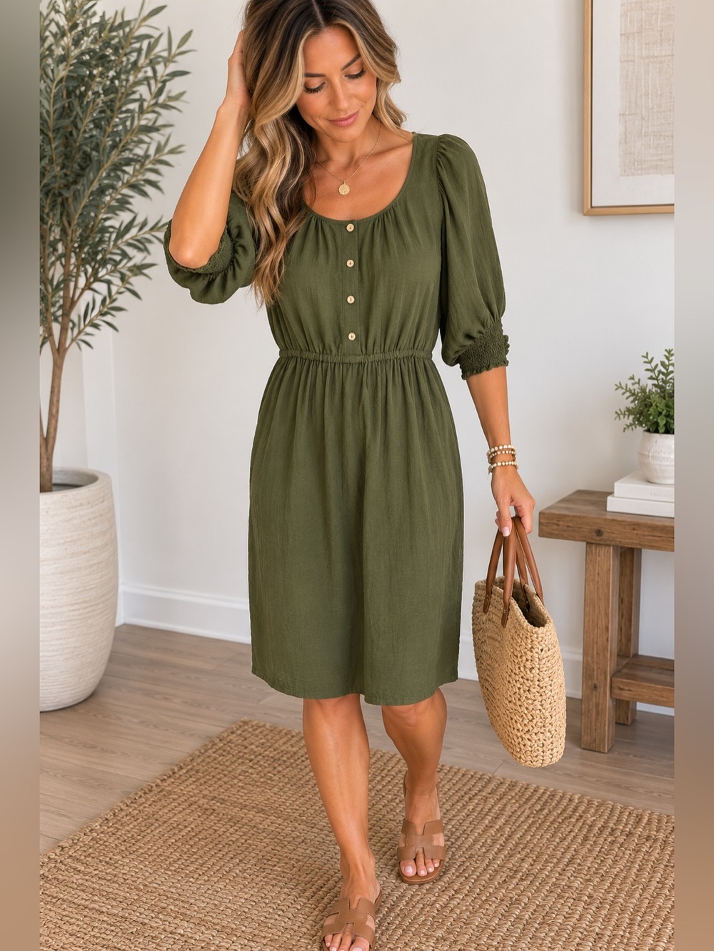 Anthropologie Olive Green Button Front Smocked Sleeve Mini Dress Size Small